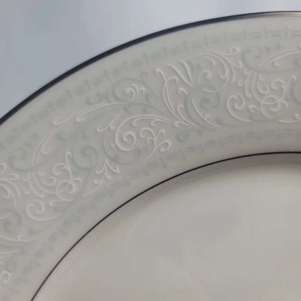 TWO Noritake Trudy Dinner Plates Ivory with Blue & White Scrolls 7087